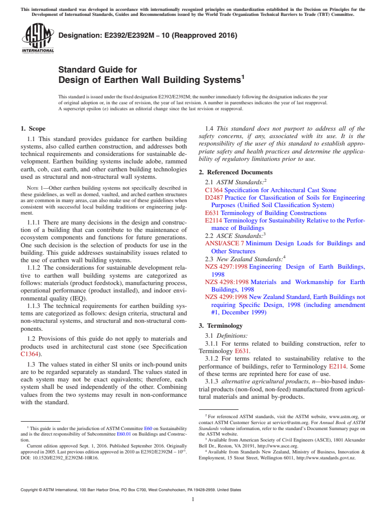 ASTM E2392/E2392M-10(2016) - Standard Guide for Design of Earthen Wall Building Systems