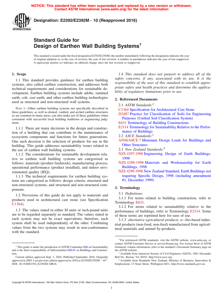 ASTM E2392/E2392M-10(2016) - Standard Guide for Design of Earthen Wall Building Systems