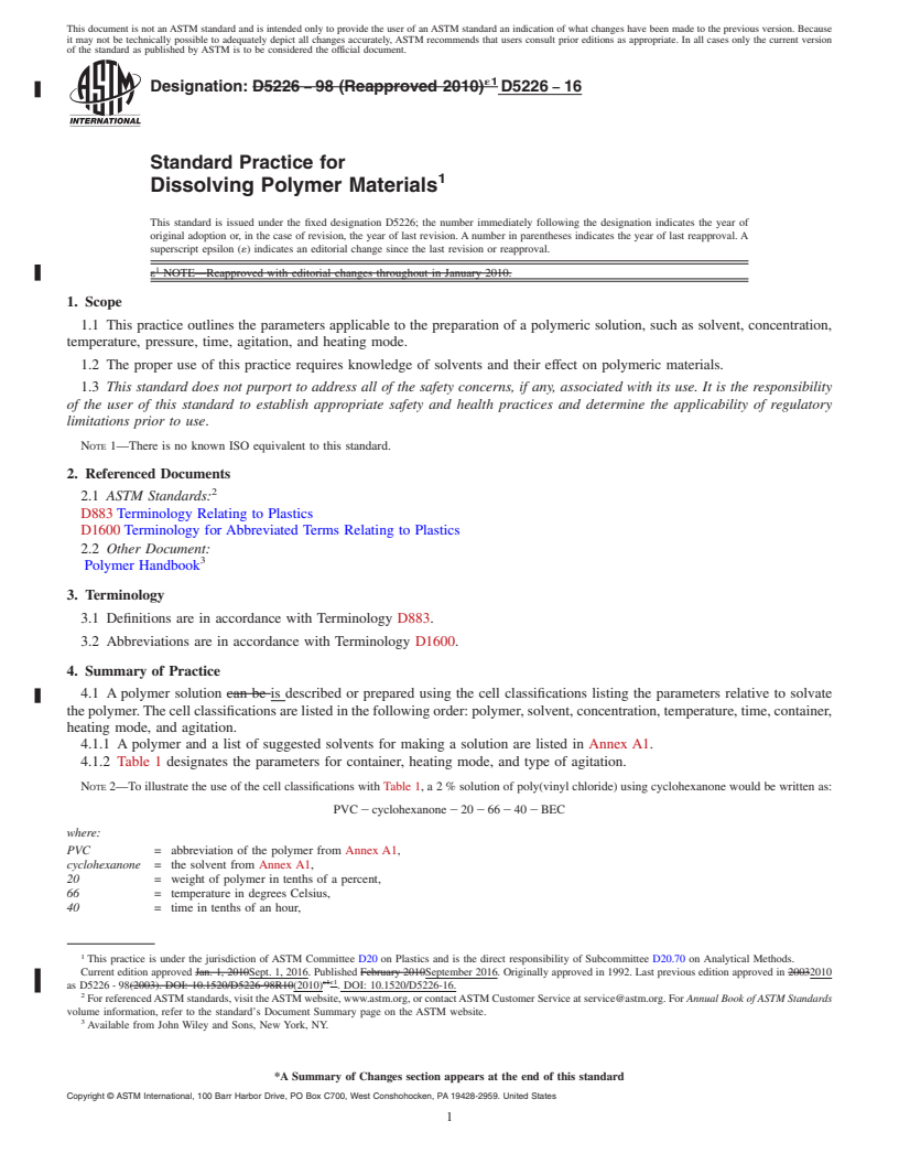 REDLINE ASTM D5226-16 - Standard Practice for  Dissolving Polymer Materials