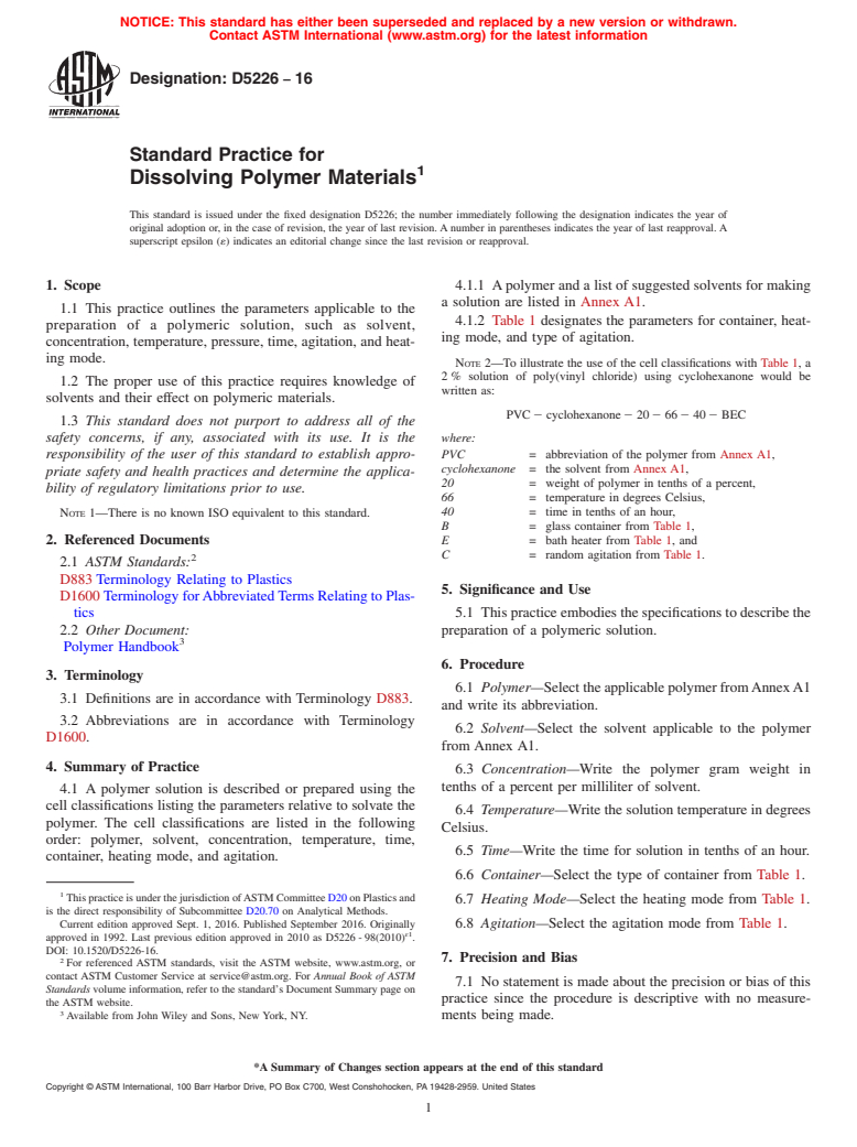 ASTM D5226-16 - Standard Practice for  Dissolving Polymer Materials