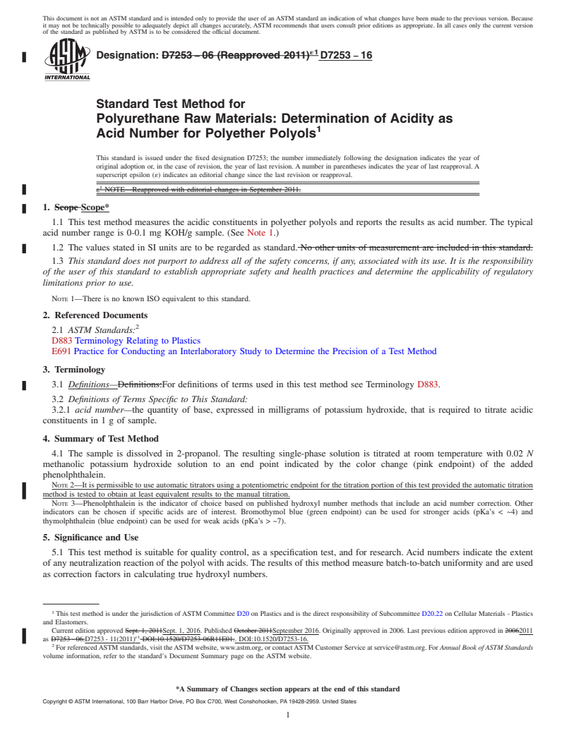 REDLINE ASTM D7253-16 - Standard Test Method for  Polyurethane Raw Materials: Determination of Acidity as Acid  Number for Polyether Polyols