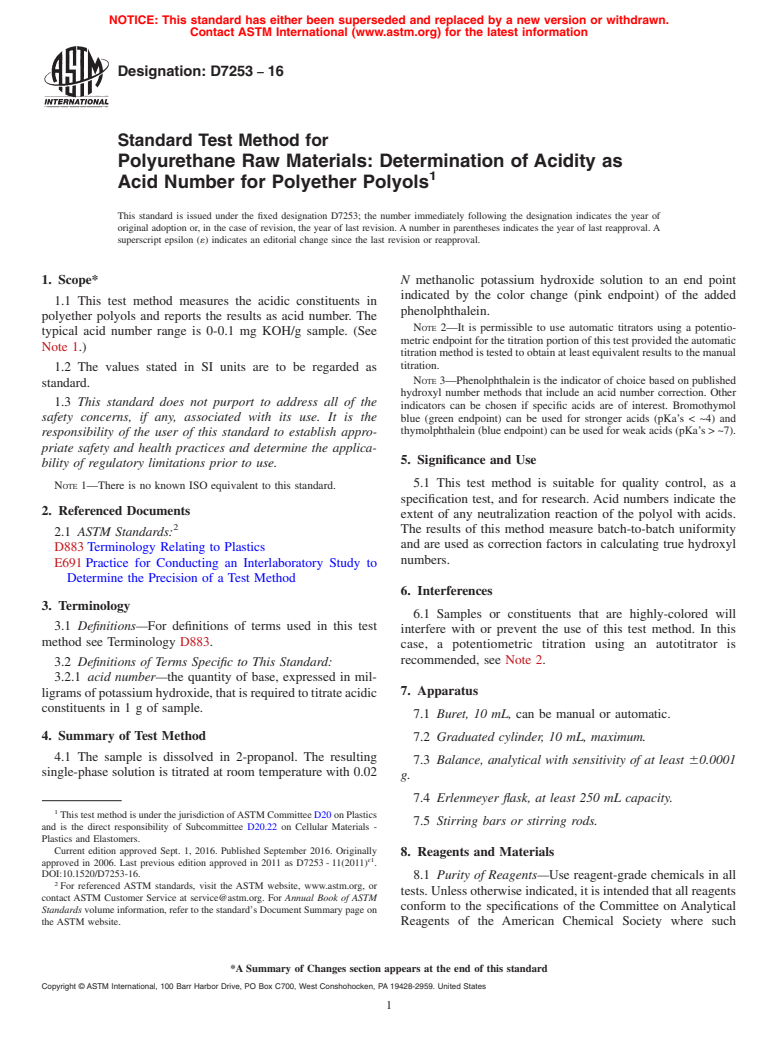 ASTM D7253-16 - Standard Test Method for  Polyurethane Raw Materials: Determination of Acidity as Acid  Number for Polyether Polyols