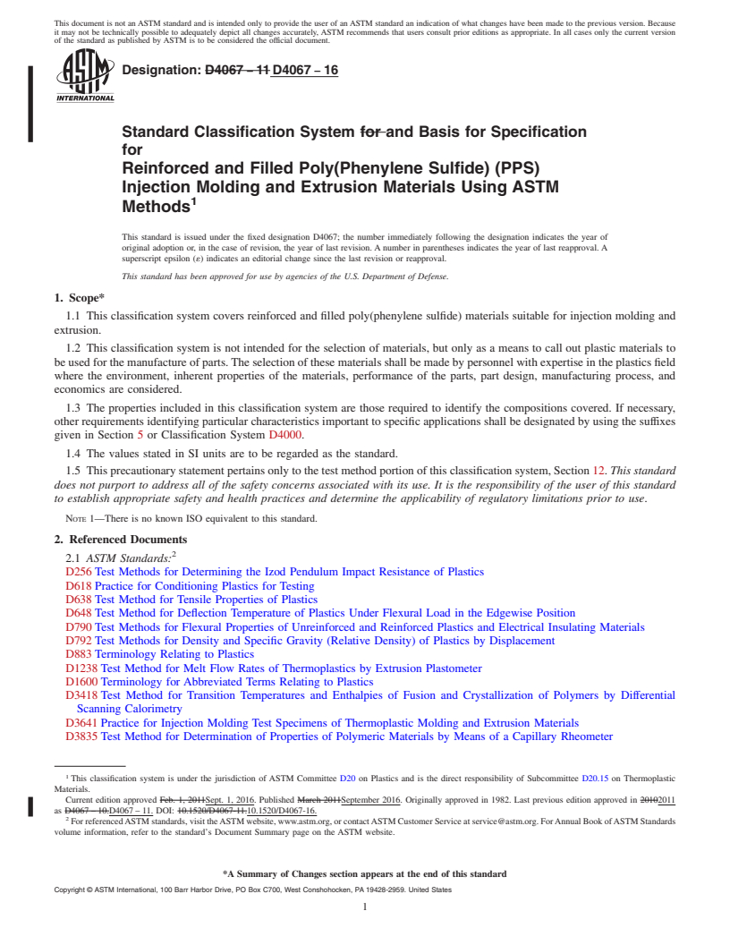 REDLINE ASTM D4067-16 - Standard Classification System and Basis for Specification for Reinforced and Filled Poly(Phenylene Sulfide) (PPS) Injection  Molding and Extrusion Materials Using ASTM Methods