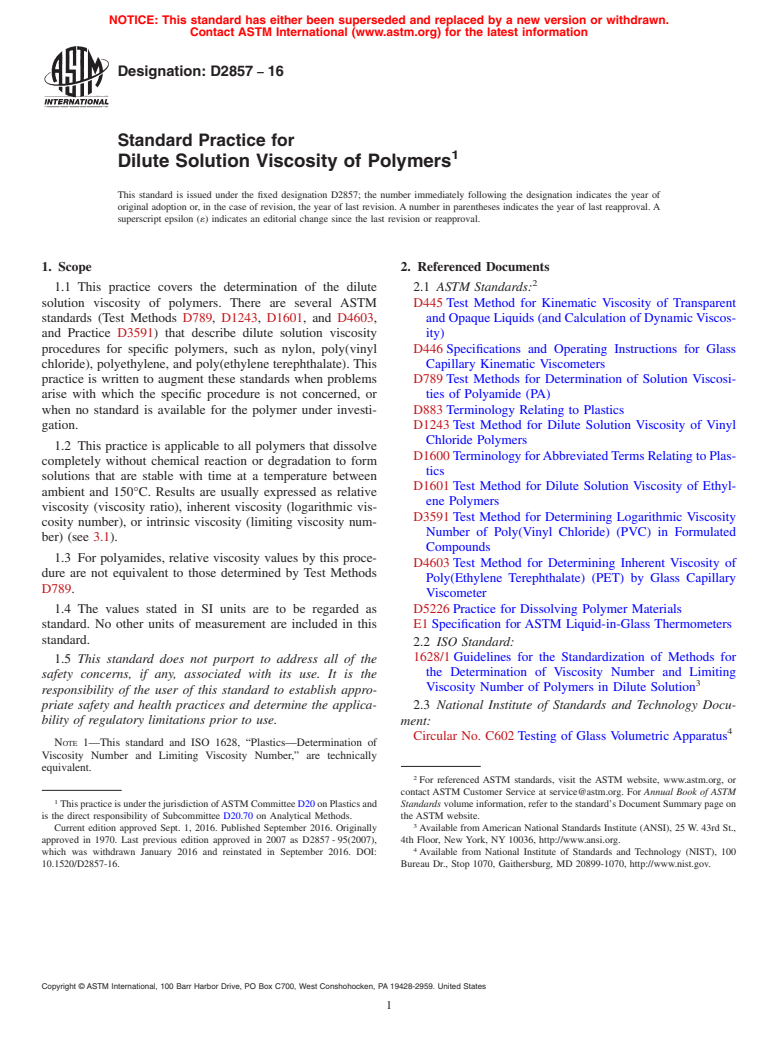 ASTM D2857-16 - Standard Practice for Dilute Solution Viscosity of Polymers