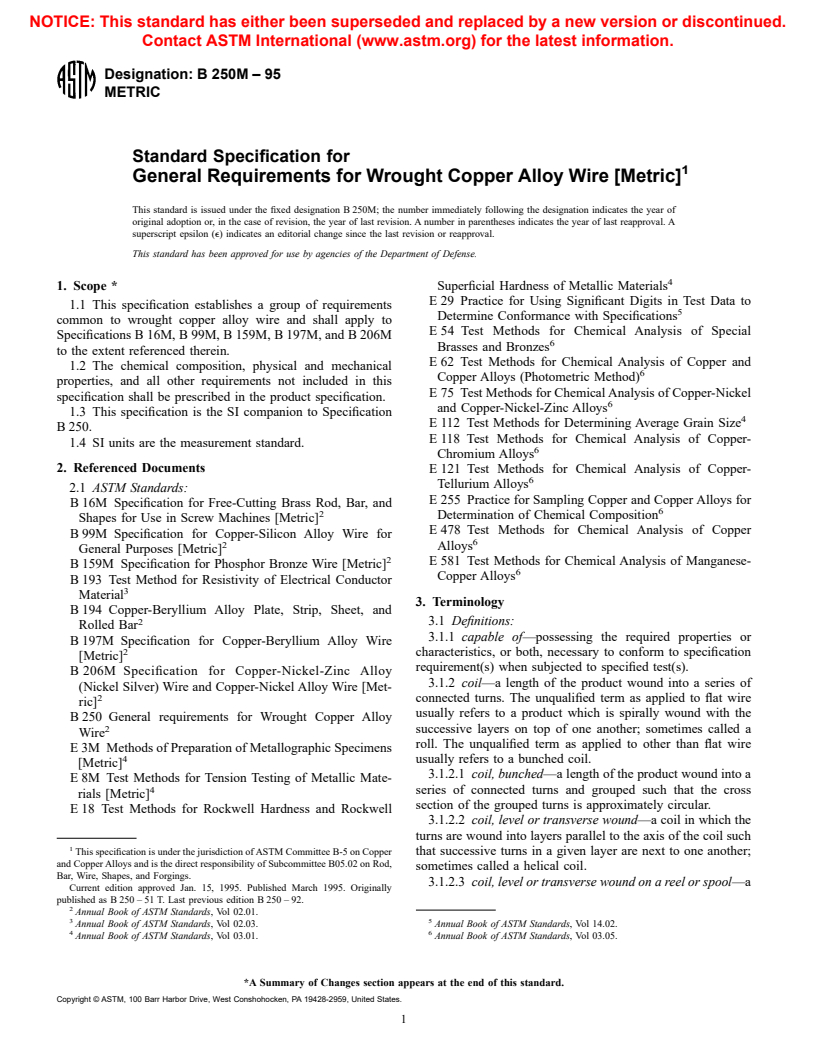 ASTM B250M-95 - Standard Specification for General Requirements for Wrought Copper Alloy Wire [Metric] (Withdrawn 2001)