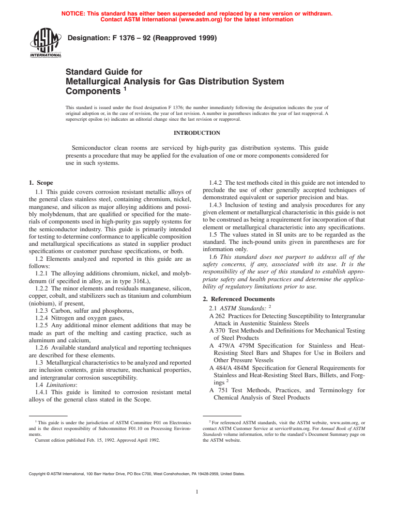 ASTM F1376-92(1999) - Standard Guide for Metallurgical Analysis for Gas Distribution System Components
