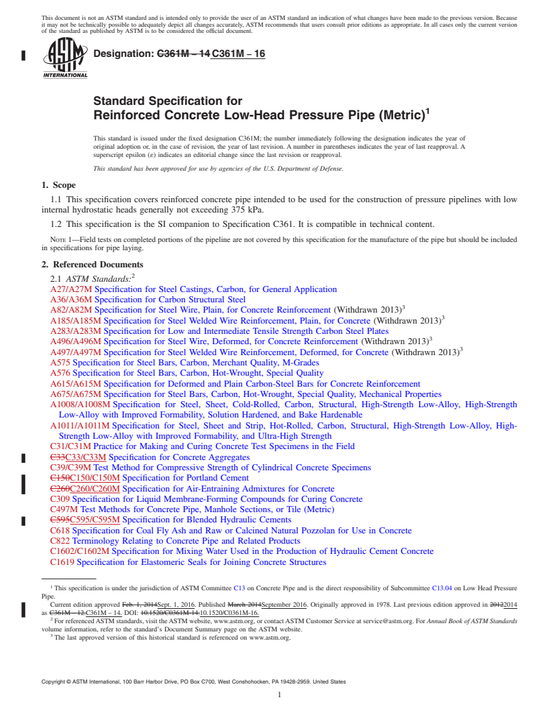 REDLINE ASTM C361M-16 - Standard Specification for  Reinforced Concrete Low-Head Pressure Pipe (Metric)