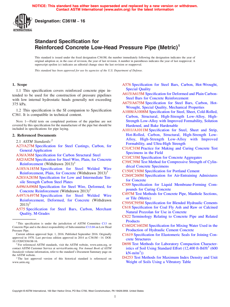 ASTM C361M-16 - Standard Specification for  Reinforced Concrete Low-Head Pressure Pipe (Metric)