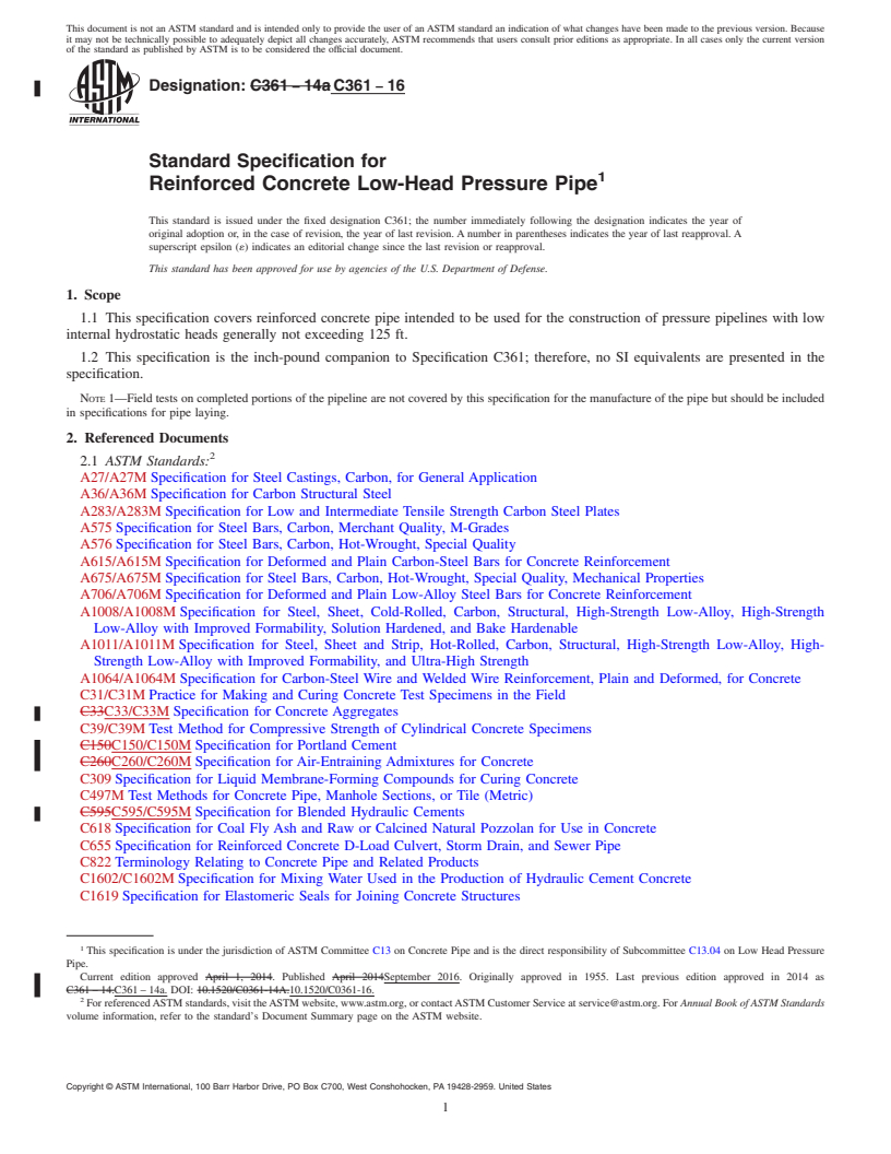 REDLINE ASTM C361-16 - Standard Specification for Reinforced Concrete Low-Head Pressure Pipe