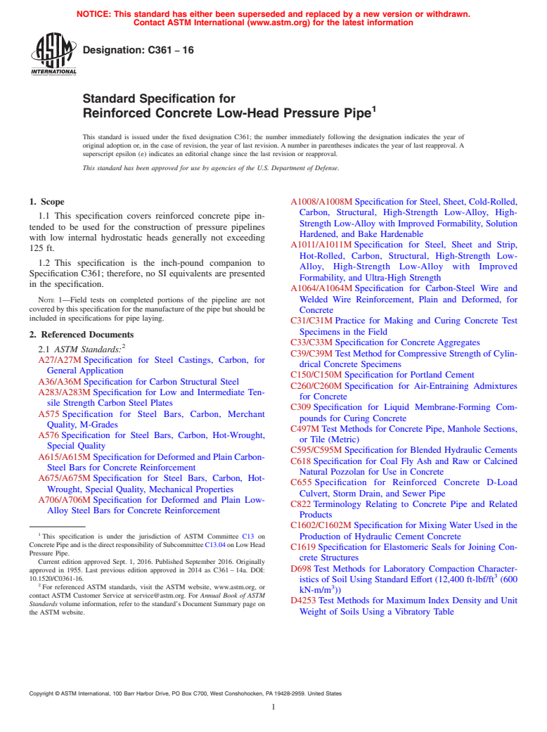 ASTM C361-16 - Standard Specification for Reinforced Concrete Low-Head Pressure Pipe