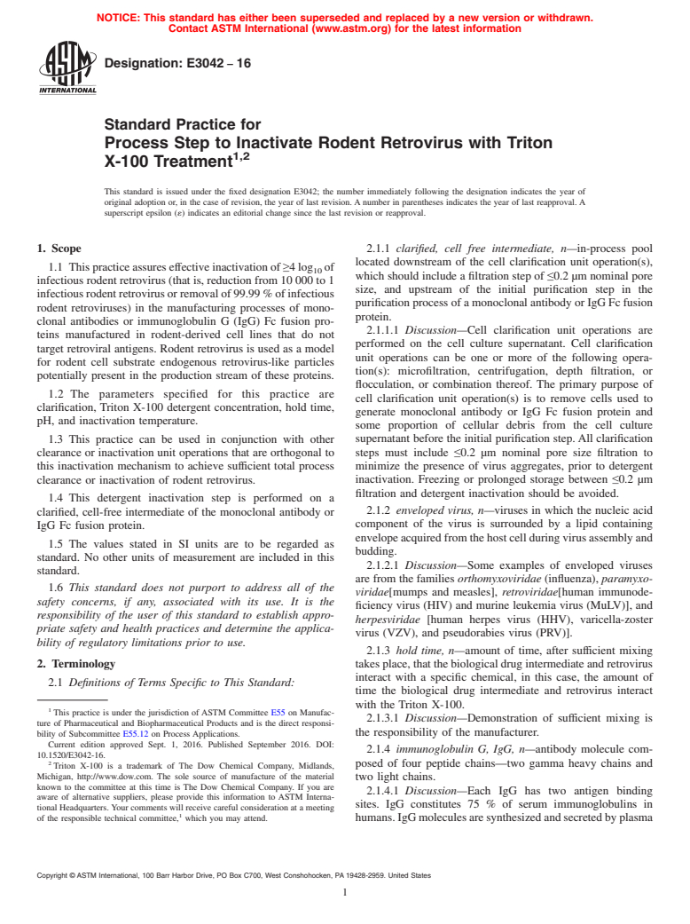 ASTM E3042-16 - Standard Practice for Process Step to Inactivate Rodent Retrovirus with Triton X-100  Treatment<rangeref></rangeref  >