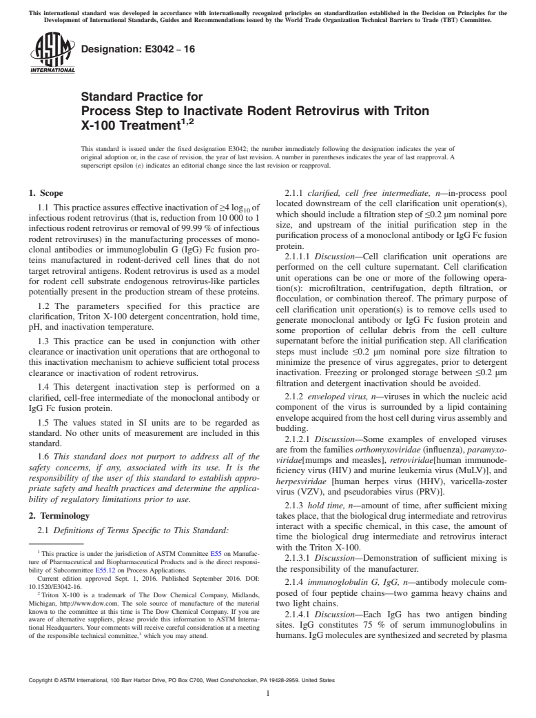 ASTM E3042-16 - Standard Practice for Process Step to Inactivate Rodent Retrovirus with Triton X-100  Treatment<rangeref></rangeref  >