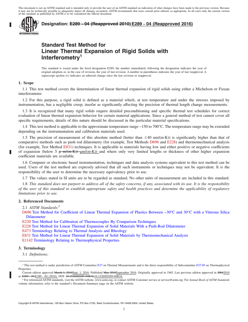 REDLINE ASTM E289-04(2016) - Standard Test Method for  Linear Thermal Expansion of Rigid Solids with Interferometry