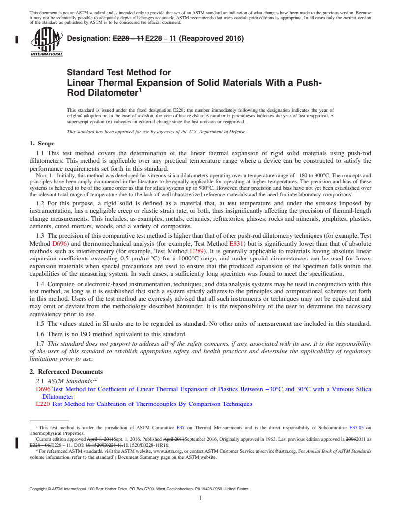 REDLINE ASTM E228-11(2016) - Standard Test Method for  Linear Thermal Expansion of Solid Materials With a Push-Rod  Dilatometer