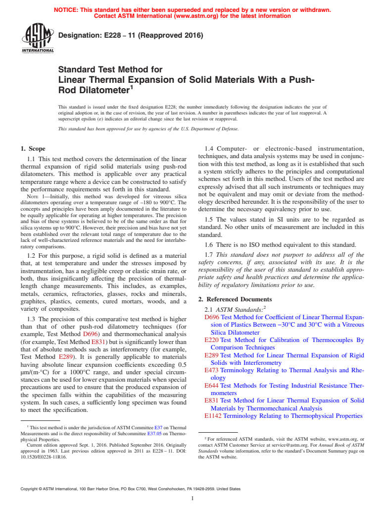 ASTM E228-11(2016) - Standard Test Method for  Linear Thermal Expansion of Solid Materials With a Push-Rod  Dilatometer