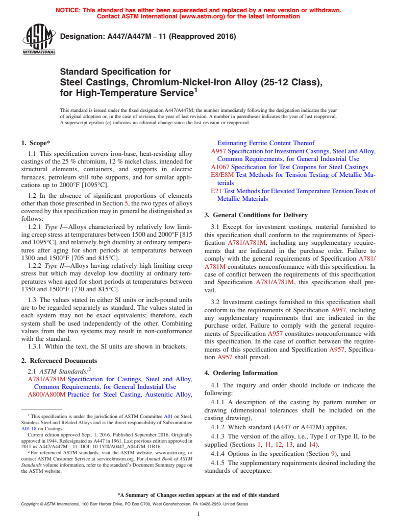 ASTM A447/A447M-11(2016) - Standard Specification for  Steel Castings, Chromium-Nickel-Iron Alloy (25-12 Class), for   High-Temperature Service