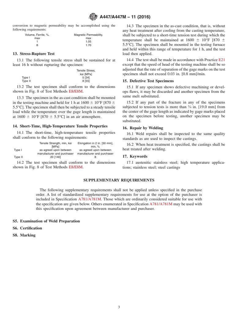 ASTM A447/A447M-11(2016) - Standard Specification for  Steel Castings, Chromium-Nickel-Iron Alloy (25-12 Class), for   High-Temperature Service