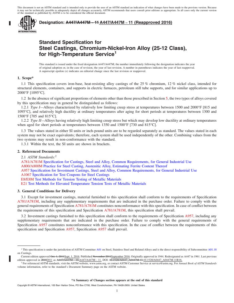 REDLINE ASTM A447/A447M-11(2016) - Standard Specification for  Steel Castings, Chromium-Nickel-Iron Alloy (25-12 Class), for   High-Temperature Service