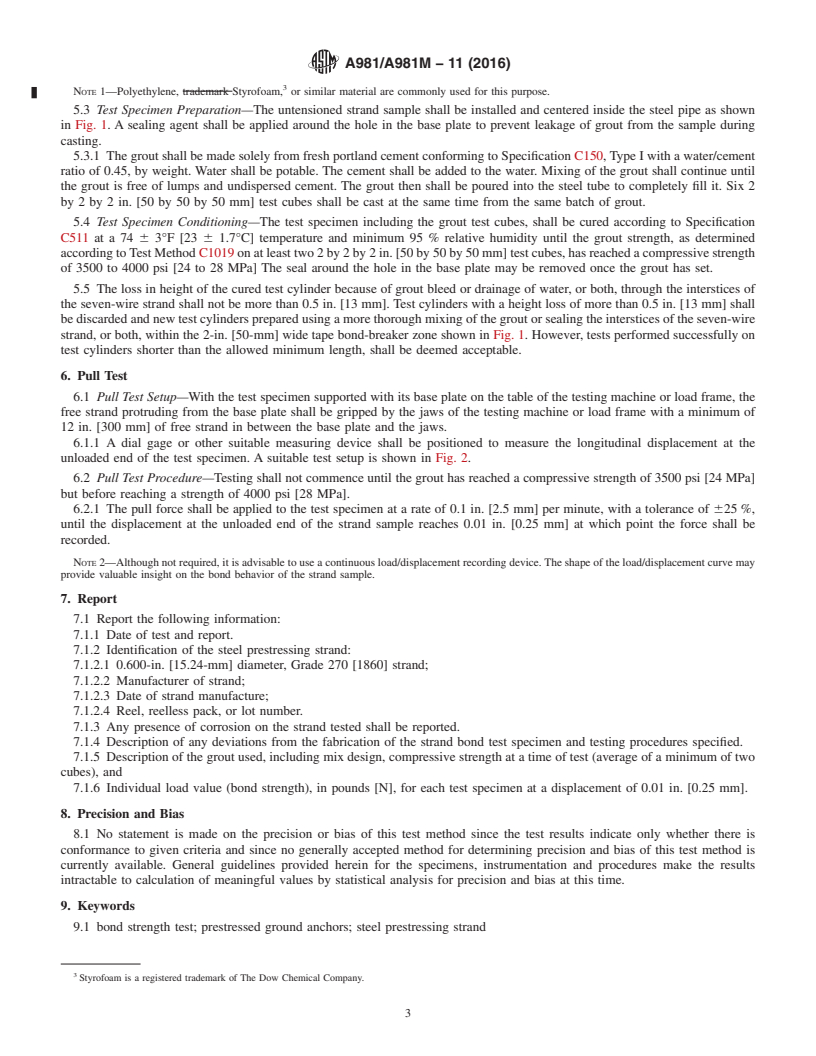 REDLINE ASTM A981/A981M-11(2016) - Standard Test Method for  Evaluating Bond Strength for 0.600-in. [15.24-mm]  Diameter  Steel Prestressing Strand, Grade 270 [1860], Uncoated, Used in Prestressed  Ground Anchors