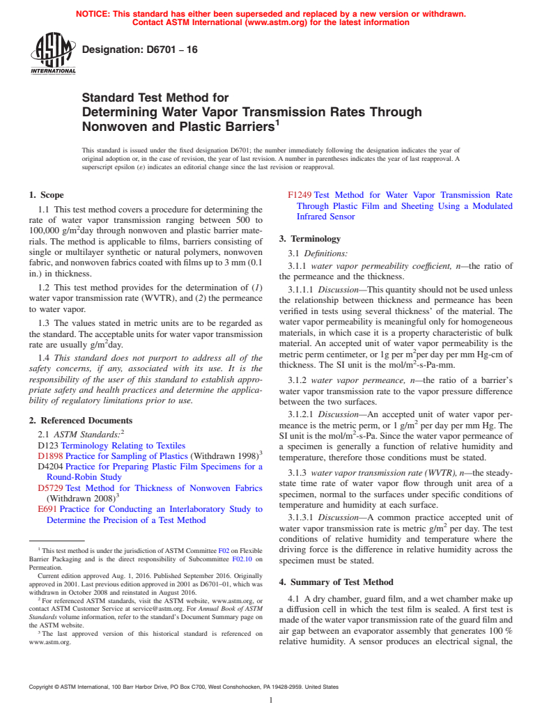 ASTM D6701-16 - Standard Test Method for Determining Water Vapor Transmission Rates Through Nonwoven  and Plastic Barriers