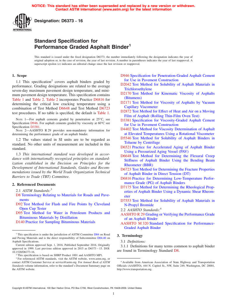 ASTM D6373-16 - Standard Specification for Performance Graded Asphalt Binder