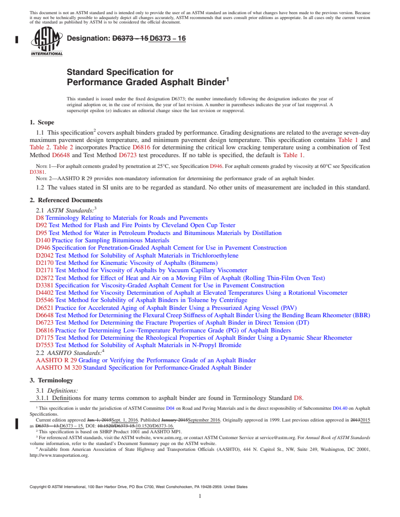 REDLINE ASTM D6373-16 - Standard Specification for Performance Graded Asphalt Binder