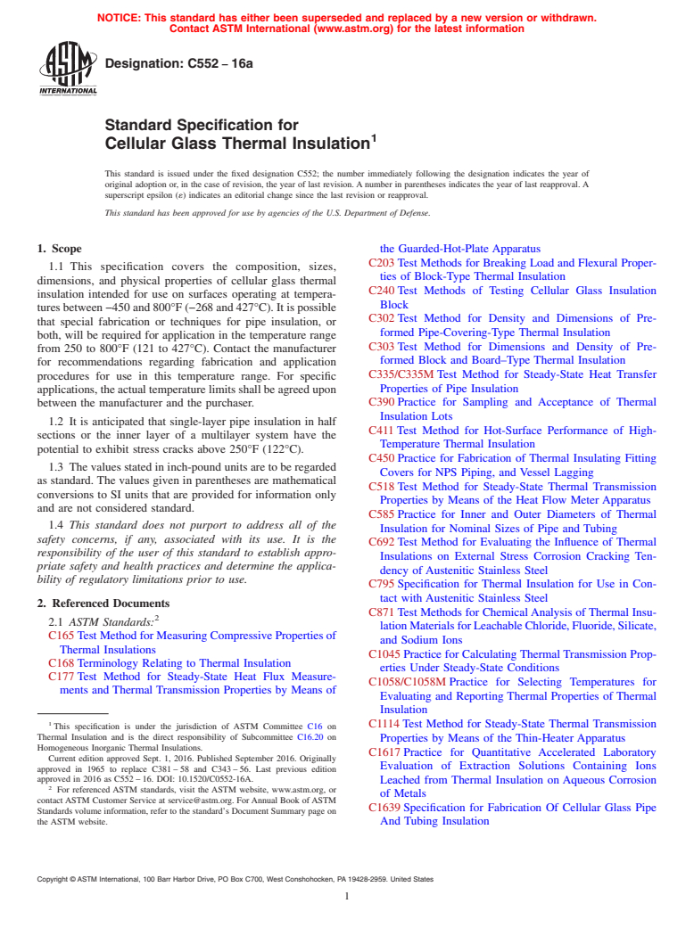 ASTM C552-16a - Standard Specification for  Cellular Glass Thermal Insulation