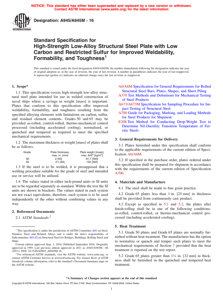 ASTM A945/A945M-16 - Standard Specification for  High-Strength Low-Alloy Structural Steel Plate with Low Carbon  and Restricted Sulfur for Improved Weldability, Formability, and Toughness