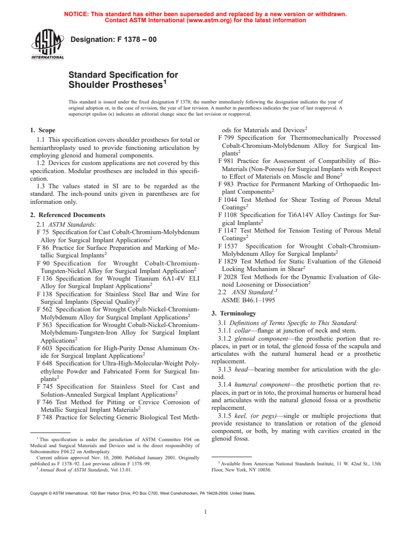 ASTM F1378-00 - Standard Specification for Shoulder Prosthesis