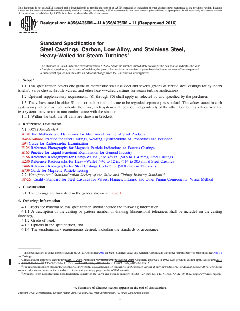 REDLINE ASTM A356/A356M-11(2016) - Standard Specification for  Steel Castings, Carbon, Low Alloy, and Stainless Steel, Heavy-Walled  for Steam Turbines