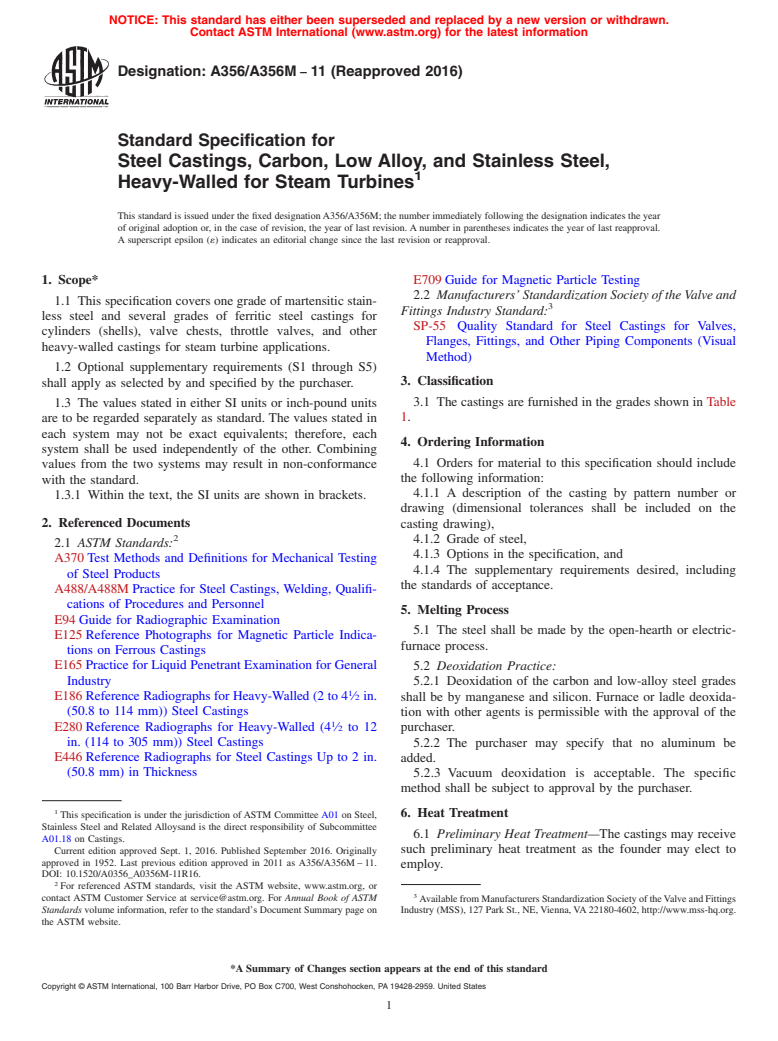 ASTM A356/A356M-11(2016) - Standard Specification for  Steel Castings, Carbon, Low Alloy, and Stainless Steel, Heavy-Walled  for Steam Turbines