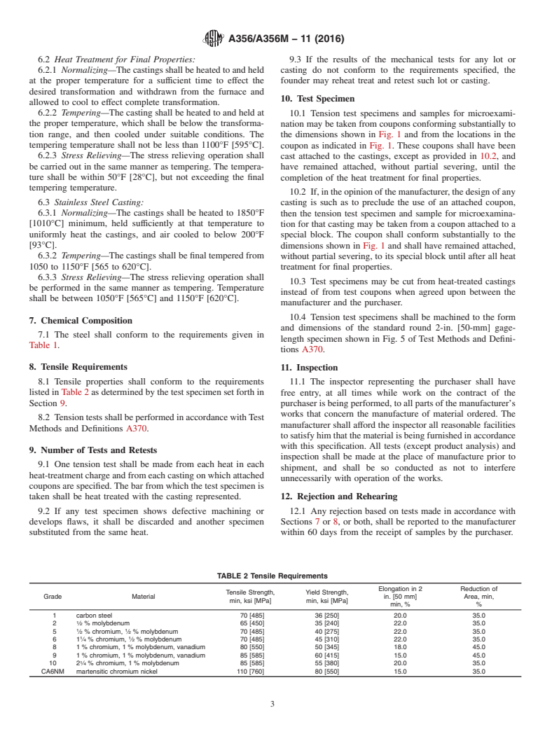 ASTM A356/A356M-11(2016) - Standard Specification for  Steel Castings, Carbon, Low Alloy, and Stainless Steel, Heavy-Walled  for Steam Turbines