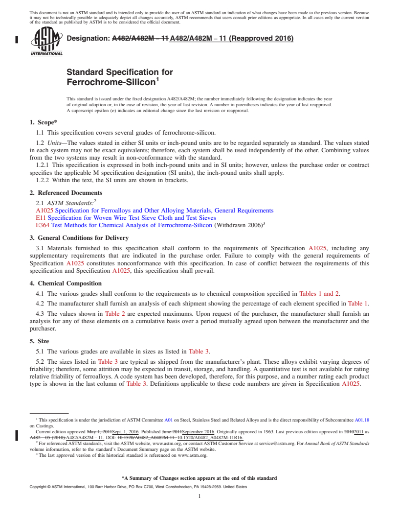 REDLINE ASTM A482/A482M-11(2016) - Standard Specification for  Ferrochrome-Silicon