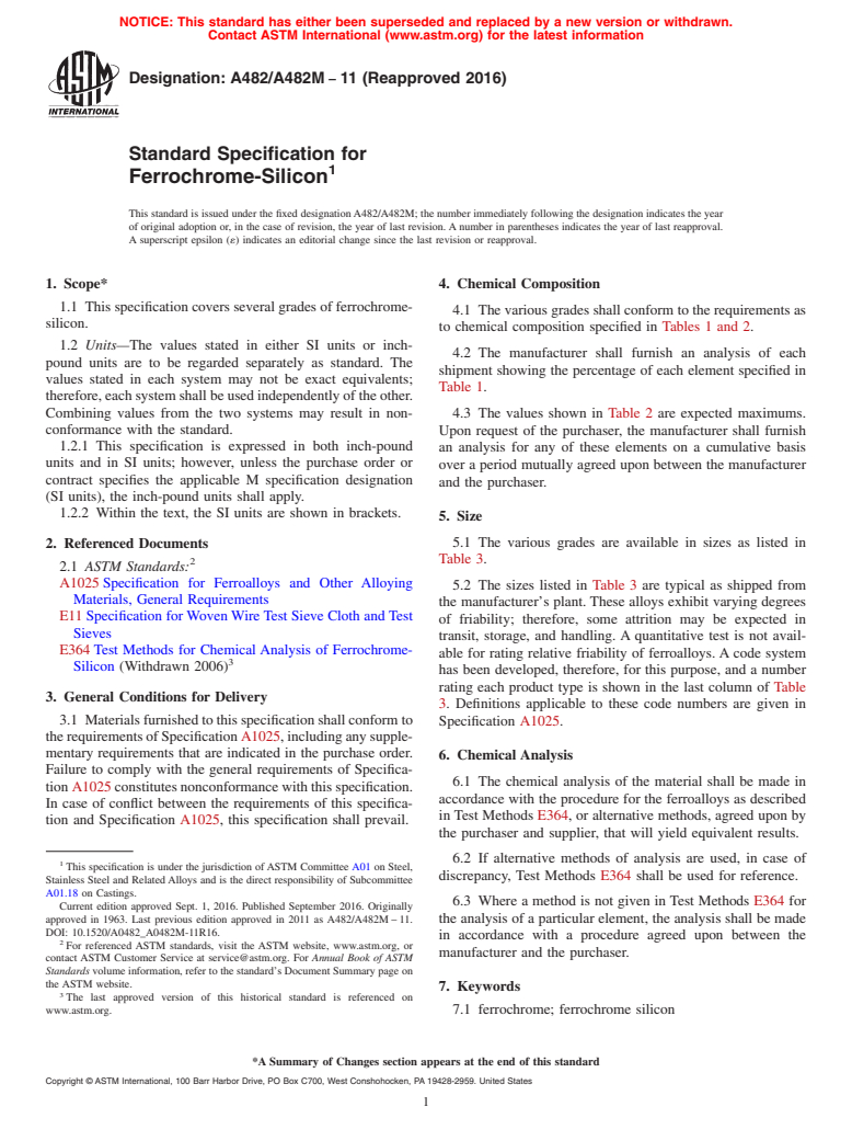 ASTM A482/A482M-11(2016) - Standard Specification for  Ferrochrome-Silicon