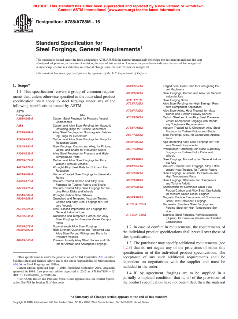 ASTM A788/A788M-16 - Standard Specification for Steel Forgings, General Requirements