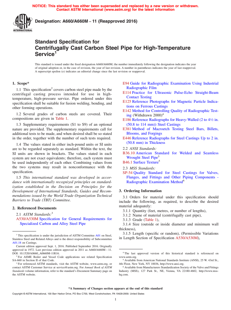 ASTM A660/A660M-11(2016) - Standard Specification for  Centrifugally Cast Carbon Steel Pipe for High-Temperature Service