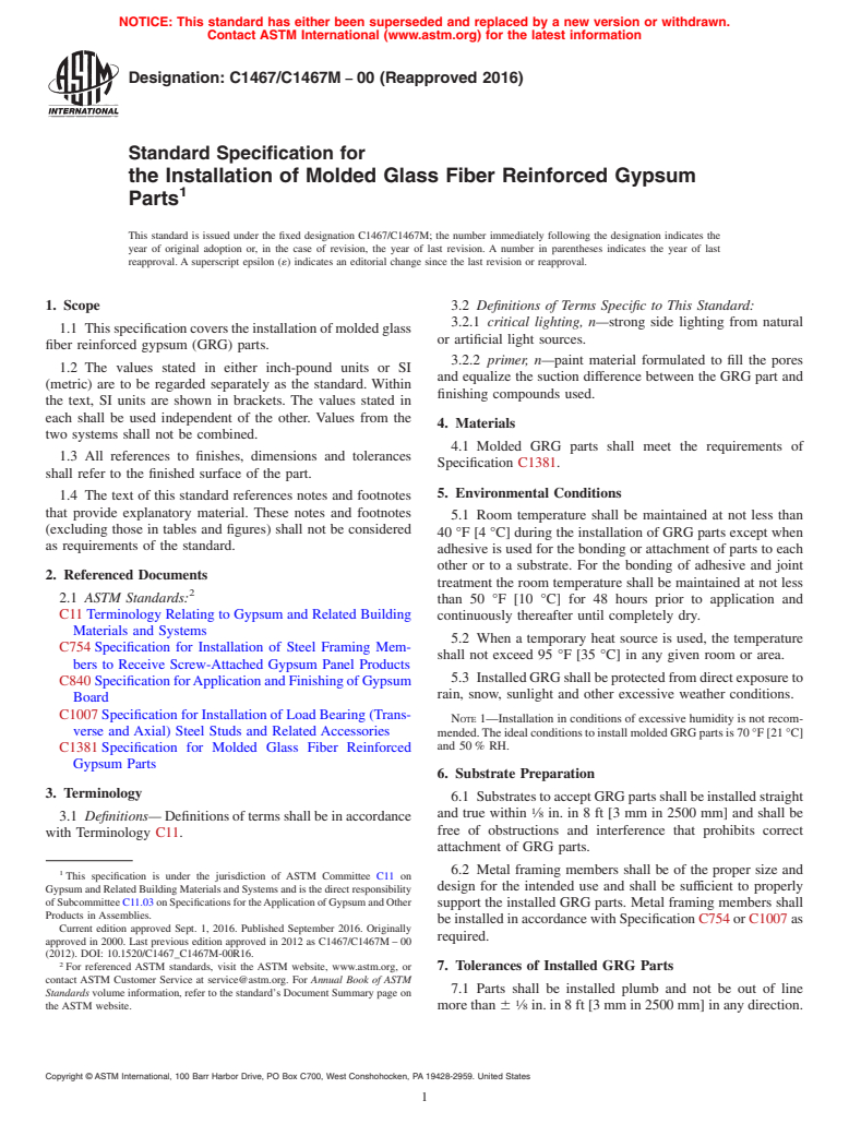 ASTM C1467/C1467M-00(2016) - Standard Specification for  the Installation of Molded Glass Fiber Reinforced Gypsum Parts