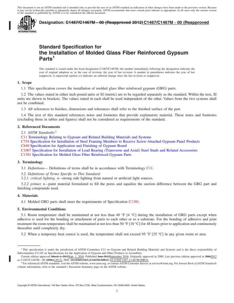 REDLINE ASTM C1467/C1467M-00(2016) - Standard Specification for  the Installation of Molded Glass Fiber Reinforced Gypsum Parts