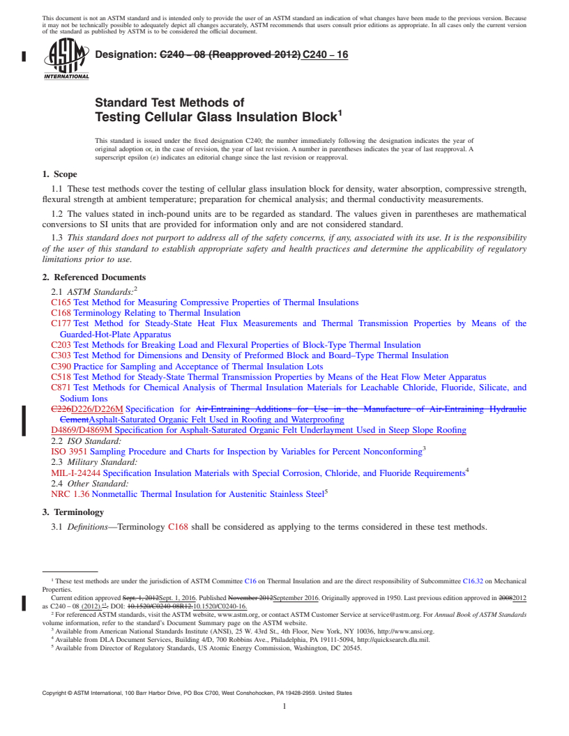 REDLINE ASTM C240-16 - Standard Test Methods of Testing Cellular Glass Insulation Block