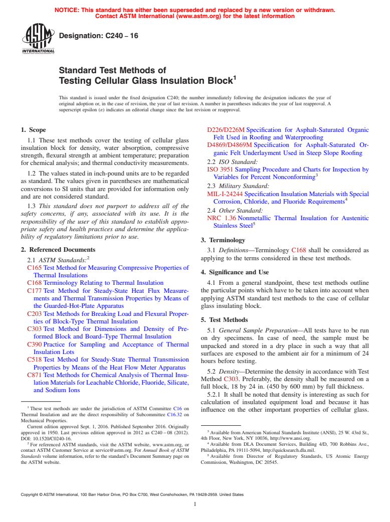 ASTM C240-16 - Standard Test Methods of Testing Cellular Glass Insulation Block