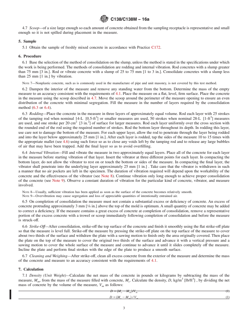 REDLINE ASTM C138/C138M-16a - Standard Test Method for  Density (Unit Weight), Yield, and Air Content (Gravimetric)  of Concrete