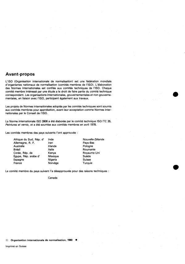 ISO 3906:1980 ISO 3906:1980 - Peintures et vernis -- Détermination du rapport de contraste (pouvoir masquant) des peintures claires a un rendement surfacique déterminé (en utilisant une feuille de polyester) - Page 2 preview