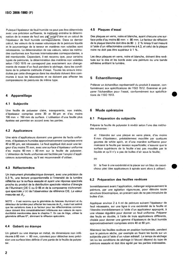ISO 3906:1980 ISO 3906:1980 - Peintures et vernis -- Détermination du rapport de contraste (pouvoir masquant) des peintures claires a un rendement surfacique déterminé (en utilisant une feuille de polyester) - Page 4 preview