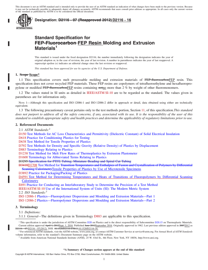 REDLINE ASTM D2116-16 - Standard Specification for  FEP Resin Molding and Extrusion Materials