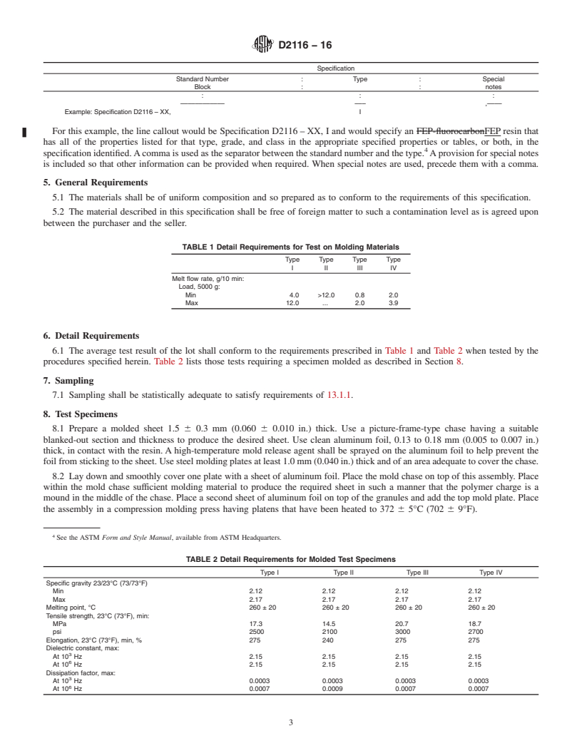 REDLINE ASTM D2116-16 - Standard Specification for  FEP Resin Molding and Extrusion Materials