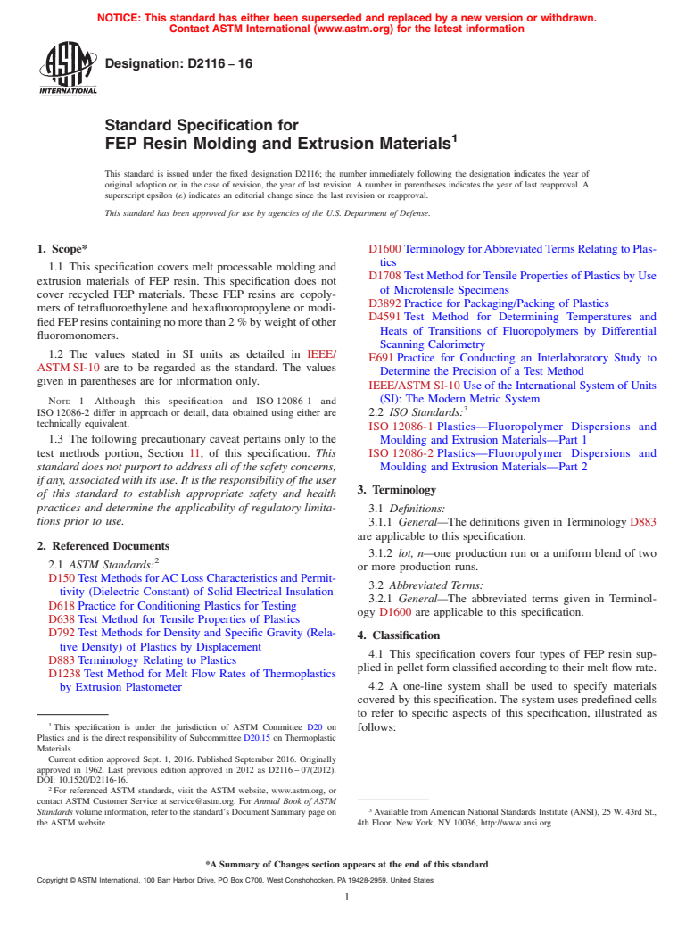 ASTM D2116-16 - Standard Specification for  FEP Resin Molding and Extrusion Materials