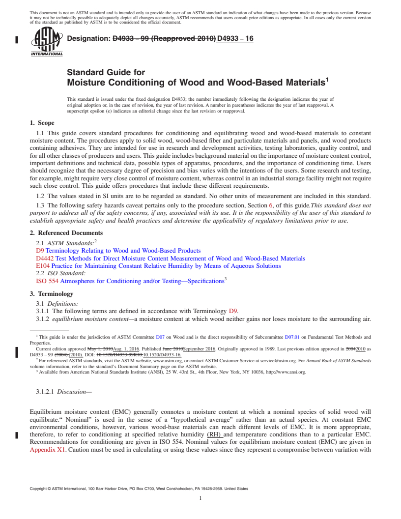 REDLINE ASTM D4933-16 - Standard Guide for  Moisture Conditioning of Wood and Wood-Based Materials