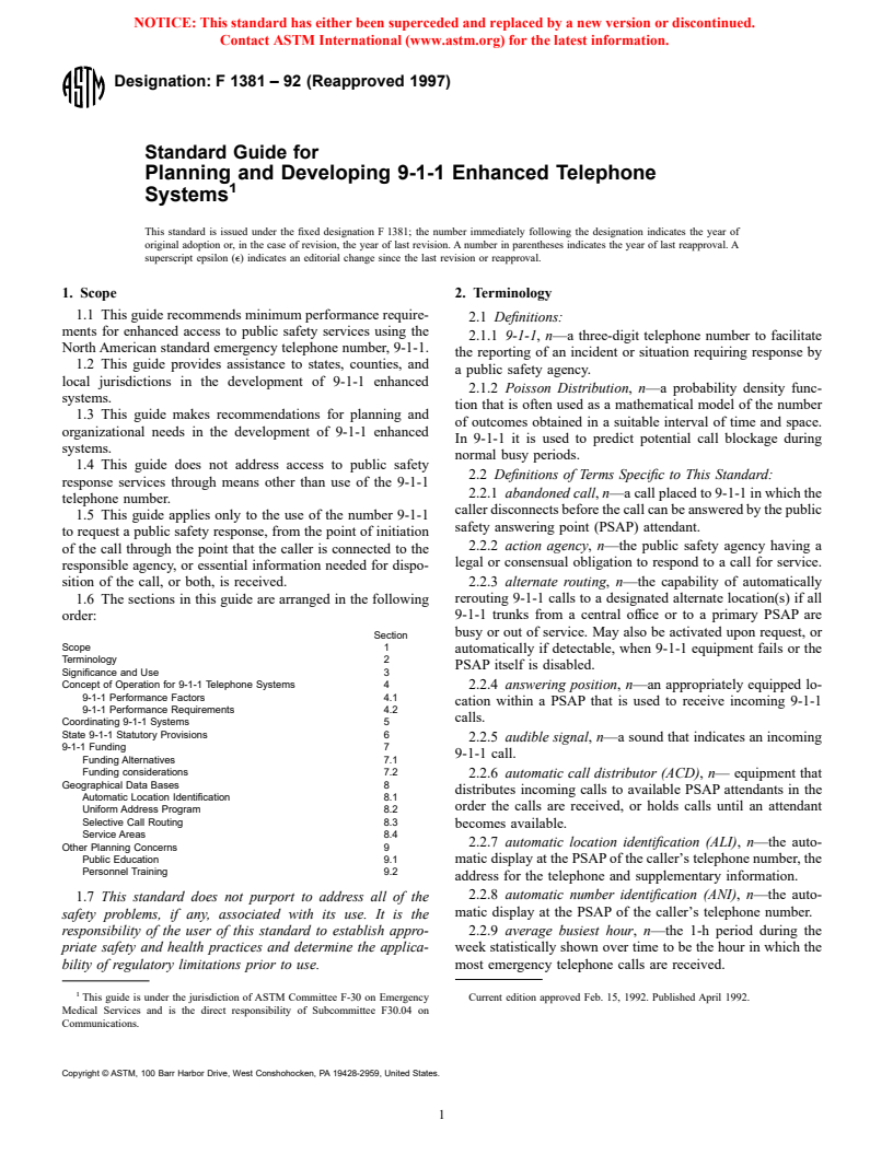 ASTM F1381-92(1997) - Standard Guide for Planning and Developing 9-1-1 Enhanced Telephone Systems