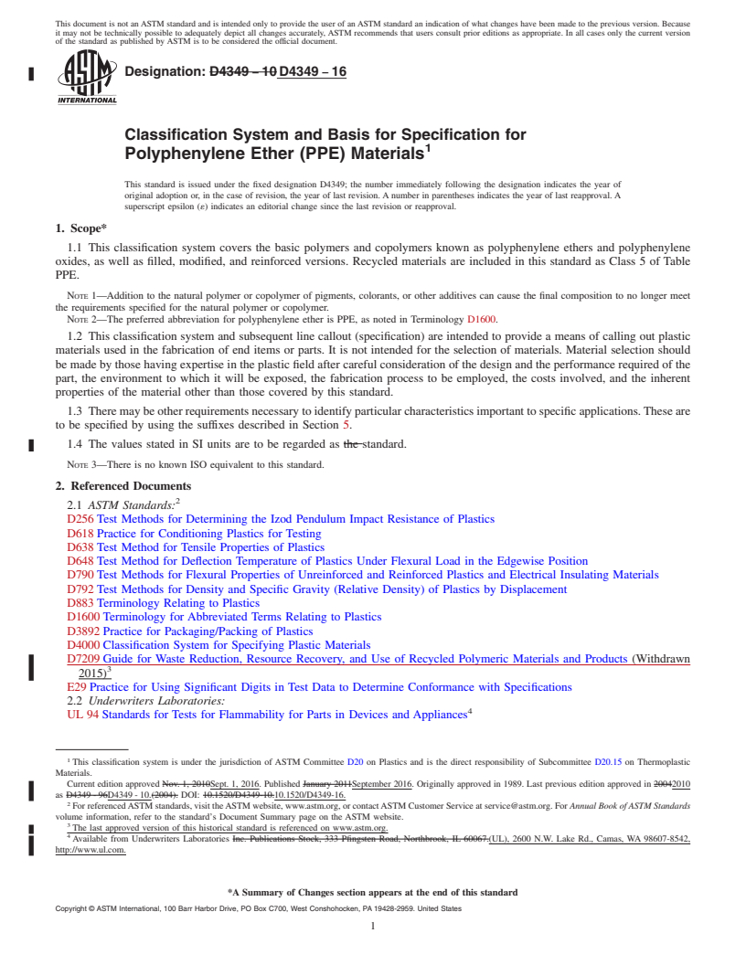 REDLINE ASTM D4349-16 - Classification System and Basis for Specification for Polyphenylene Ether (PPE) Materials