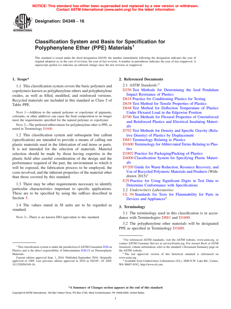 ASTM D4349-16 - Classification System and Basis for Specification for Polyphenylene Ether (PPE) Materials